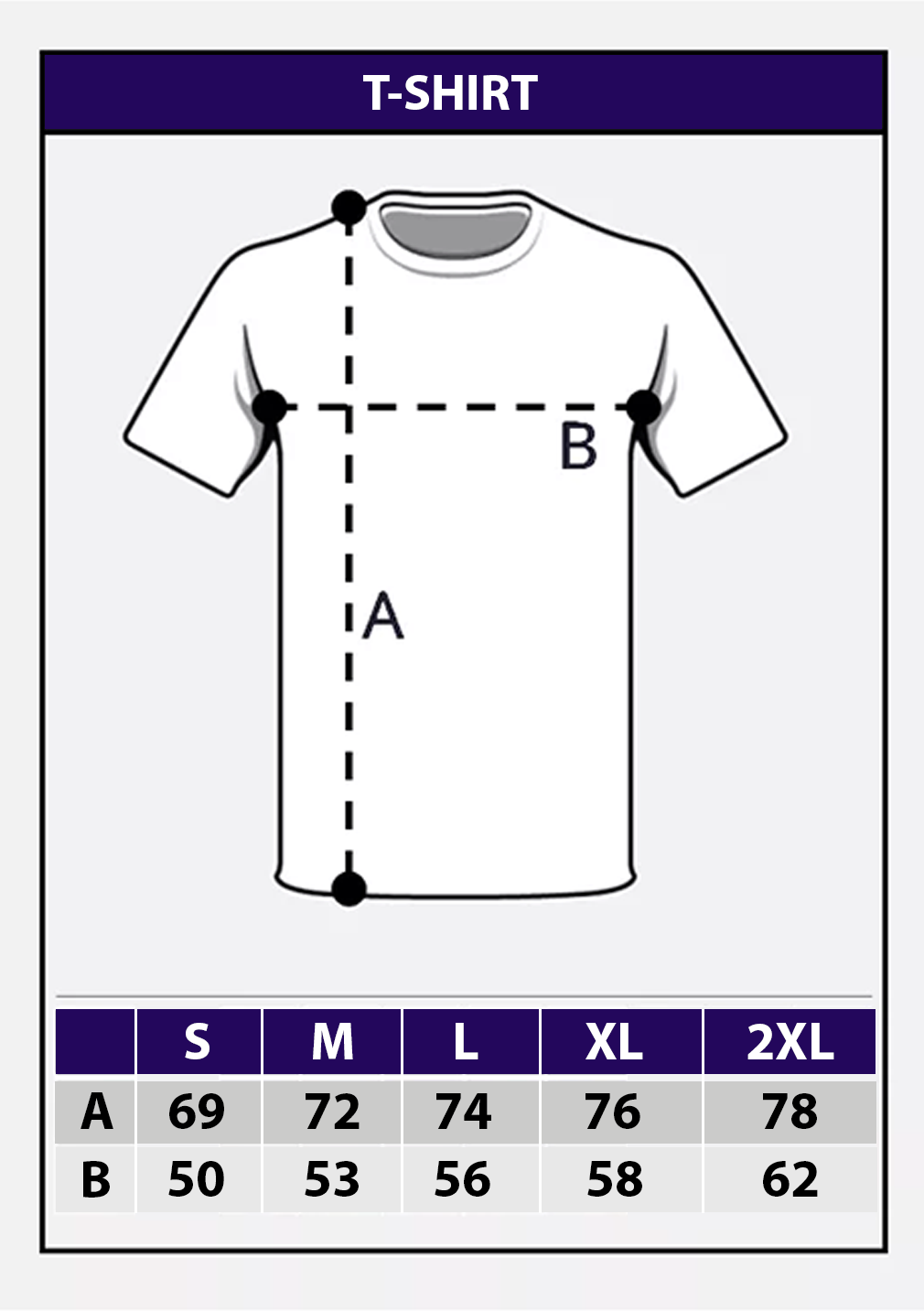 Μεγεθολόγιο για T-Shirt με αναλυτικά μεγέθη και διαστάσεις σε εκατοστά