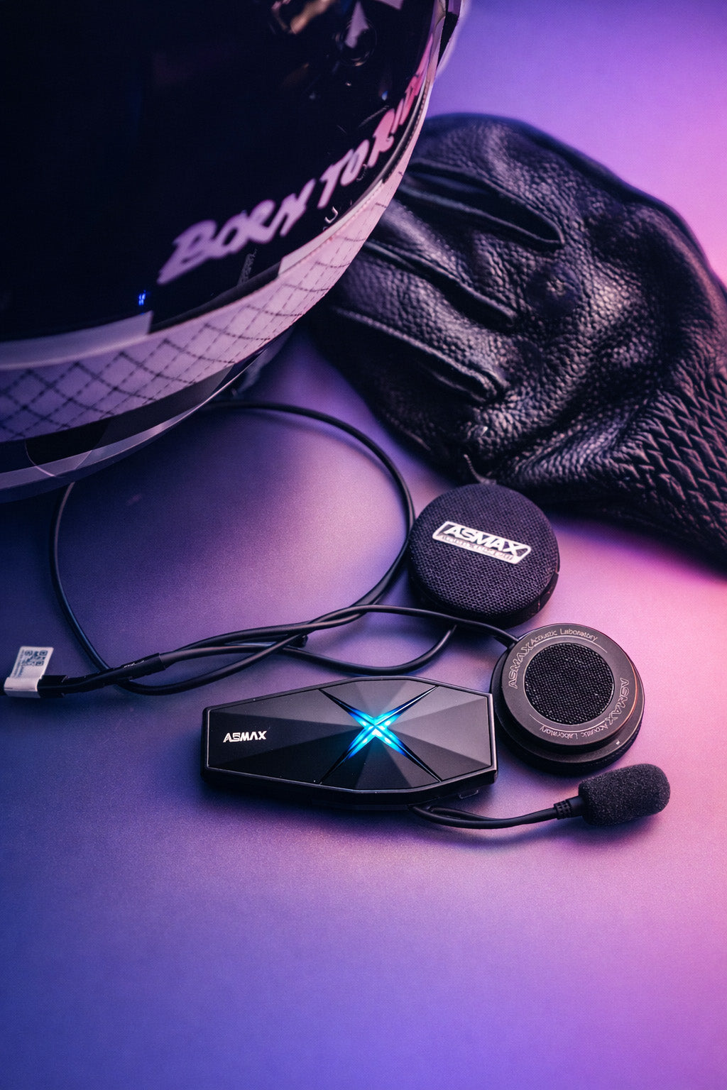 ASMAX motorcycle Bluetooth intercom and helmet audio accessories displayed with helmet