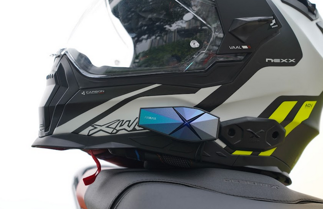 ASMAX F1 Pro Bluetooth intercom mounted on motorcycle helmet