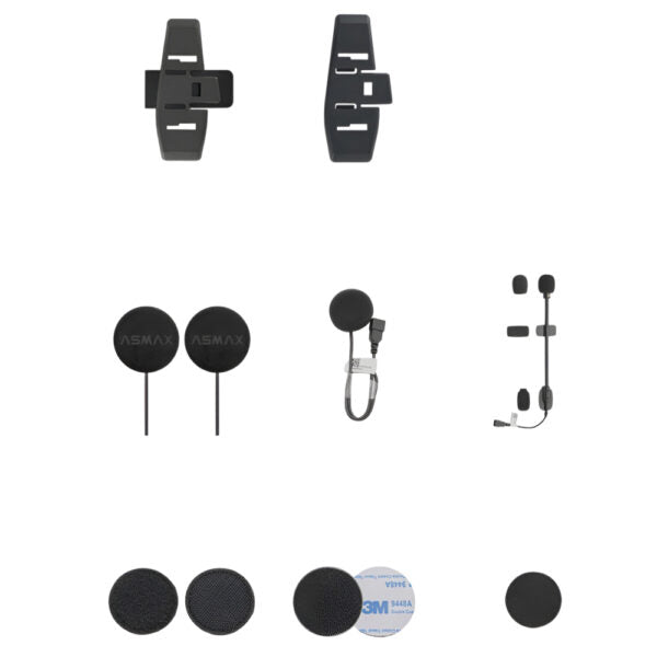 ASMAX S2 A/B audio clamp kit with 40mm speakers, microphones and helmet mounting base for motorcycle intercom