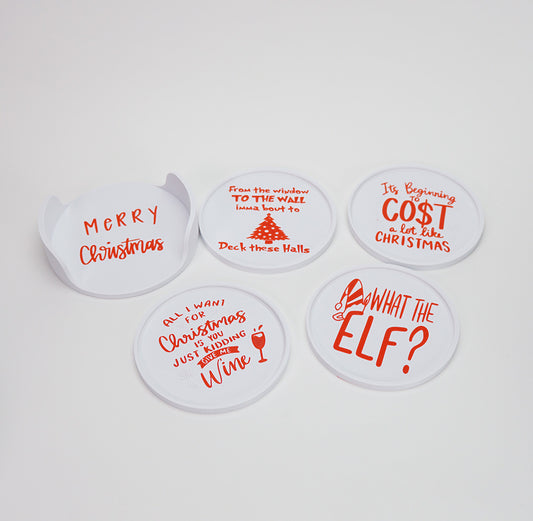 Set of four 3D printed Christmas funny coasters with festive quotes and holder